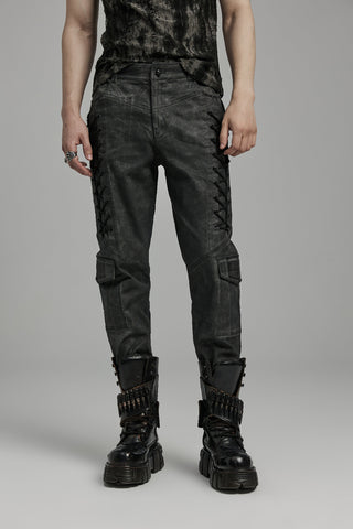 Front view of Punk Rave WK-631 Blackout Trousers – men’s slim-fit Gothic pants with lace-up details, cargo pockets, and distressed grey finish.