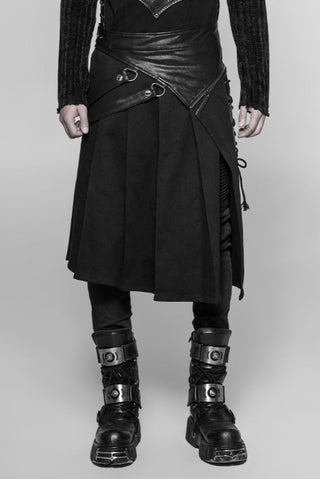 Punk Rave WQ-372 men's black Gothic kilt with pleats and vegan leather straps, shown worn with platform boots.
