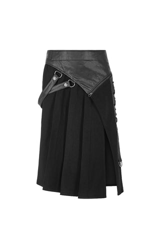 Front view of Punk Rave WQ-372 black Gothic kilt with pleats, asymmetrical faux leather panel, and metal buckle detailing.