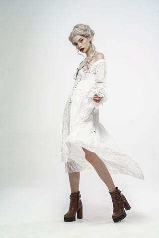 Side view of white gothic off-shoulder corset dress with layered skirt