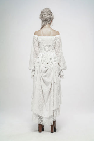 Back view of white gothic off-shoulder lace dress with corset lacing and layered skirt