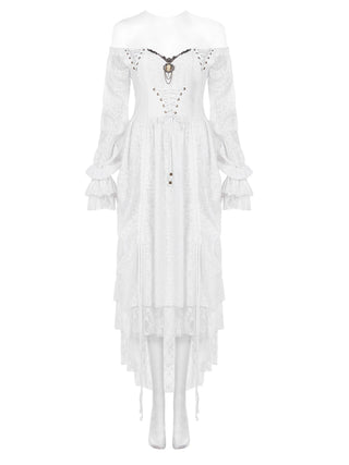 Flat lay front view of white gothic off-shoulder lace dress with corset bodice and cameo pendant detail
