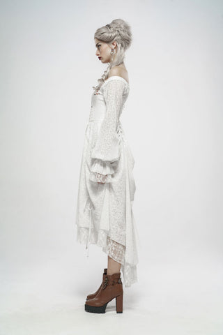 Side profile of white gothic off-shoulder corset dress with layered skirt