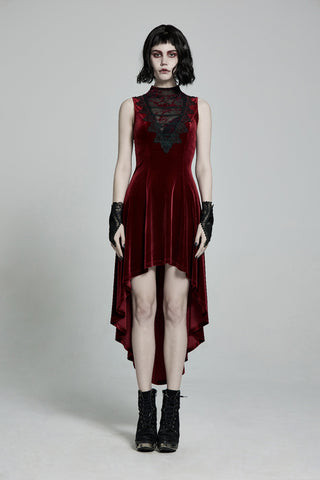Model wearing punk rave wq-523 a sleeveless red velvet Gothic dress with black lace neckline, high-low hem, and lace-up corset back, photographed on a light background.