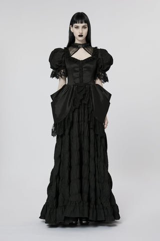 Woman wearing the Punk Rave WQ-611 “Countess Evernight” Victorian Gothic black dress on a white background