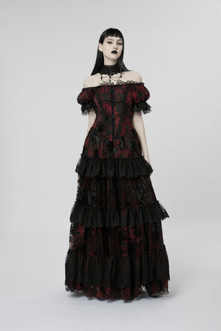Model wearing Punk Rave WQ-613 black and red Gothic lace dress with puff sleeves and tiered skirt
