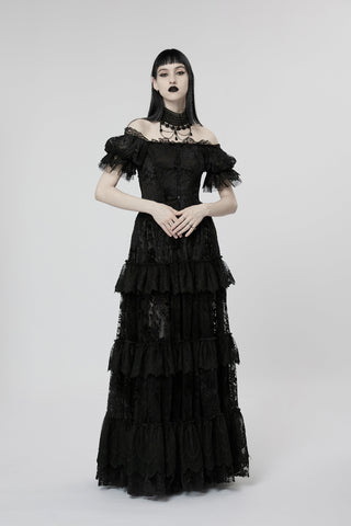 Model wearing Punk Rave WQ-613 black Gothic lace tiered off-shoulder dress