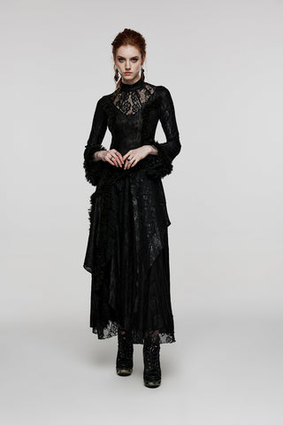 Model wearing Punk Rave WQ-643 Shadow of Carmilla long black Romantic Gothic dress with lace bodice, high neckline, layered asymmetrical skirt, and flared sleeves.