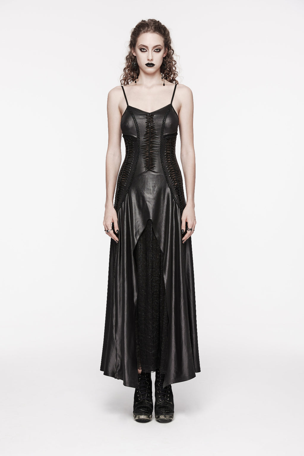 leather goth dress Gothic Black Patent Leather Dress with Double Slits