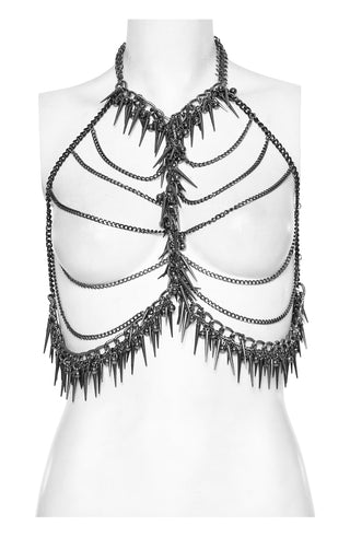 Punk Rave WS-621 Black chain and spike harness top displayed on a white mannequin torso, Gothic alternative fashion