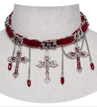Romantic Gothic choker with red velvet chain, silver curb links, hanging chains, and three ornate silver cross pendants accented with red beads