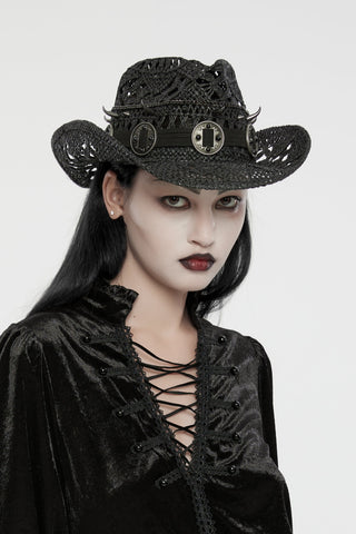 Model in black lace‑up Gothic top wearing punk rave ws-675 a black western‑style hat with silver conchos and moon emblem