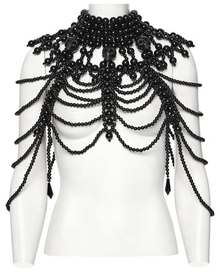 Front view of punk rave ws-739 black Gothic beaded neck and shoulder cape with layered draped strands and skull accents on a white mannequin.