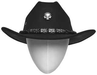 Front view of black Gothic cowboy hat with skull emblem and chain band on a mannequin, white background.