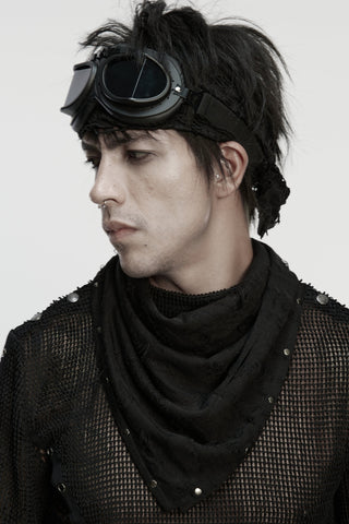 Man wearing a black Punk Rave distressed bandana with rivet edges around his neck, styled with goggles and a mesh top against a white background.