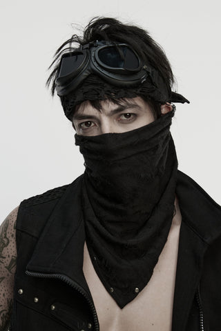 Man wearing a black Punk Rave distressed bandana with rivet details and black goggles, styled against a white background.