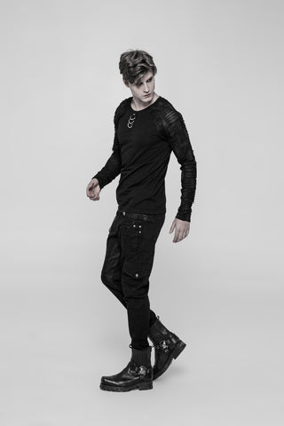 Model walking in Punk Rave WT-524 black Gothic top and matching black cargo pants with strap and hardware details, on a light background