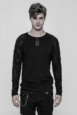 Model wearing Punk Rave WT-524 black long-sleeve Gothic top with ruched sleeves and triple ring detail at the neckline, on a light grey background