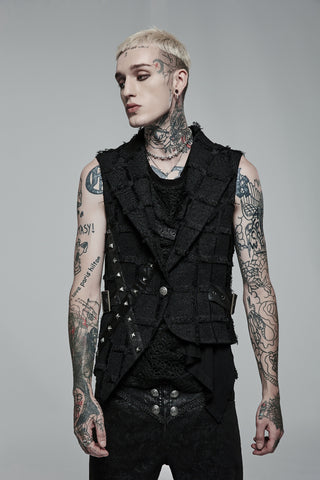 Model wearing Punk Rave WY-1377 black textured Gothic vest with layered panels and metallic buttons, styled with dark pants and tattoos, on a grey background