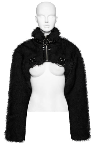Black faux fur cropped bolero jacket with PVC strap details displayed on a mannequin against a white background
