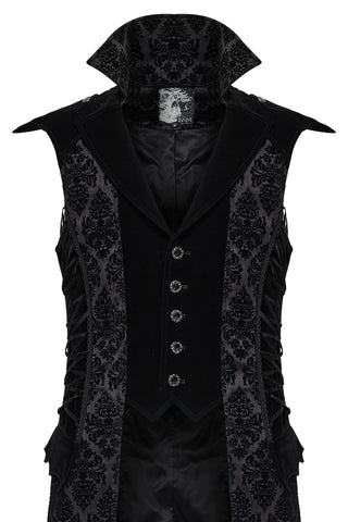 Flat lay of Gothic tailcoat showing front button detail, high collar, and pointed hem