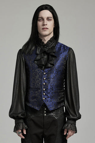 Model wearing the Punk Rave WY-1623 blue and black jacquard Gothic waistcoat with silver buttons, lace-up sides, and a Victorian ruffle shirt.