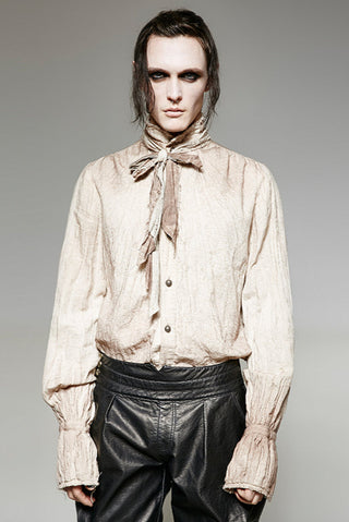Model wearing Punk Rave Drowned Mariner Shirt in aged white with necktie and poet sleeves, styled in Romantic Vampire Gothic fashion