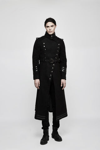 Male model wearing PUNK RAVE Y-766 a long black military-style coat with silver buttons and belt, standing against a white background