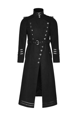 Punk Rave Y-766 Men’s black military-style long coat with silver buttons, epaulets, and waist belt, displayed on white background