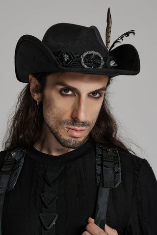 Man wearing the Punk Rave WS-746 black tricorn hat with gothic embellishments and feathers, styled with long hair and dark alternative clothing, against a grey background.