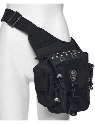 Punk Rave WS-869 Gothic skull buckle crossbody bag displayed on a mannequin with a white background.