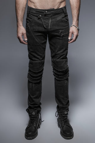Front view of Punk Rave K-239 men’s black slim-fit pants with zipper accents, panel detailing, and strap embellishments, paired with black combat boots against a grey background.