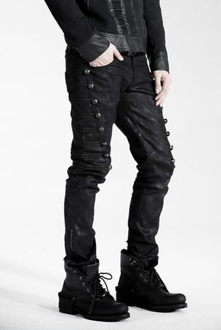 Close-up of punk rave k-136 Wasteland Militia black combat pants with side button detailing and slim tapered fit