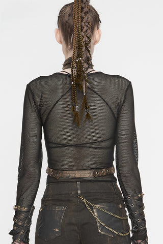 Back view of model wearing mesh top with rust-effect Steampunk harness belt detail