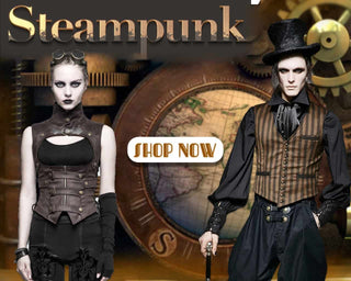 Man and woman in steampunk fashion wearing a striped vest, cravat, leather corset, and goggles, with gears and compass background and “Shop Now” text