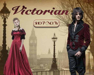 Victorian man and woman in burgundy formalwear standing in front of Big Ben and London streetlamps, with “Victorian” and “Shop Now” text in the background