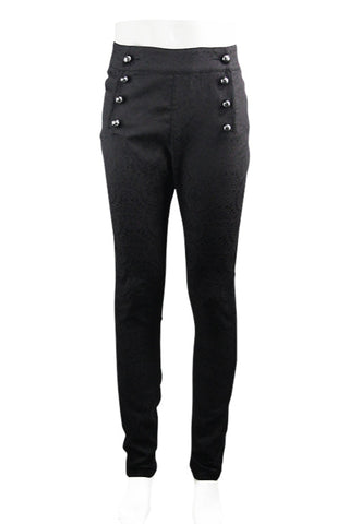 High-waisted Gothic trousers with silver buttons displayed on white mannequin front view