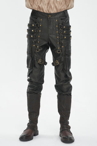 Men's Steampunk brown faux leather cargo trousers with pyramid studs, D-rings, and buckled thigh straps by Devil Fashion