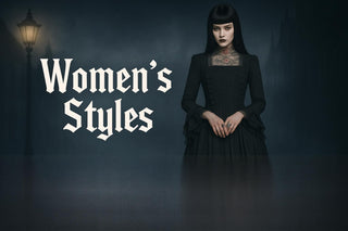 Gothic woman in black Victorian dress with tattoos, standing beside "Women's Styles" text in a foggy streetlamp-lit setting