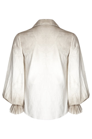 Back view of distressed white pirate-style shirt with loose sleeves and pleated cuffs, shown flat