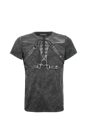 Front view of men’s Gothic T-shirt with leatherette harness straps, central O-ring, and lace-up V-neck — Punk Rave design.