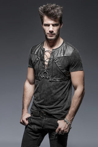 Man wearing a Gothic short-sleeve V-neck top with lace-up chest, faux leather harness straps, and a central metal O-ring.
