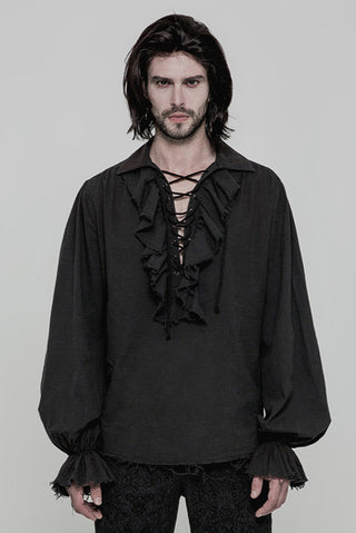 Model wearing a black pirate-style lace-up shirt punk rave wy-873 with ruffled front and cuffs