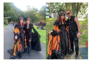 Owner of Otherworld Fashion with Brisbane Gothic Picnic organiser Lady Lothian, both in elaborate Gothic outfits, at an outdoor Australian gothic event.