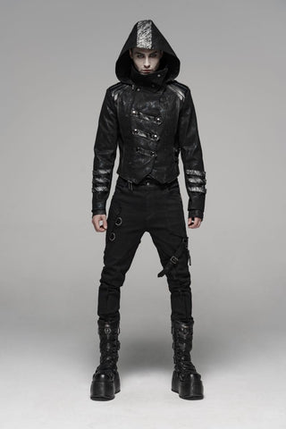 Male model wearing a black cyberpunk hooded jacket with metallic accents, paired with strapped tactical pants and platform boots in a futuristic streetwear look.