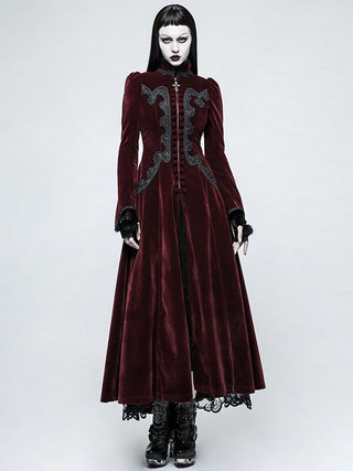 Model wearing a long burgundy velvet Gothic coat with black lace trim and ornate military-style detailing — featured in the Gothic clothing main image.