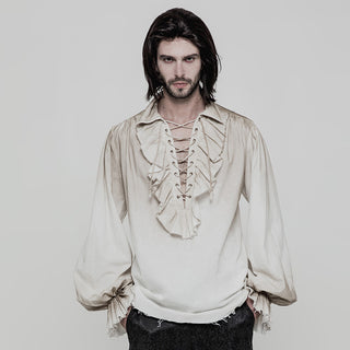Man wearing an off-white lace-up pirate shirt with ruffled front and billowy sleeves, styled in a classic pirate-inspired look.