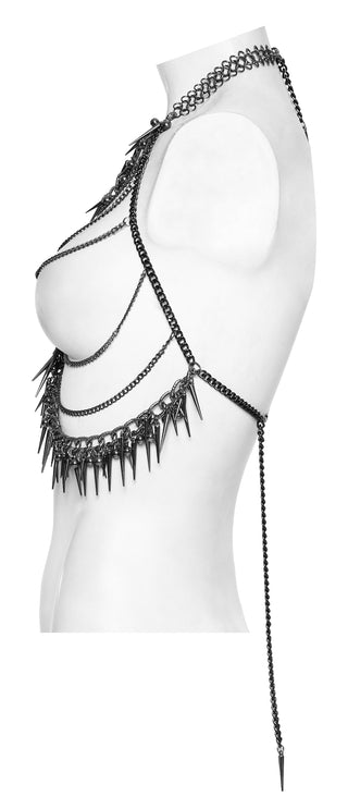 Black chain and spike harness on a white mannequin