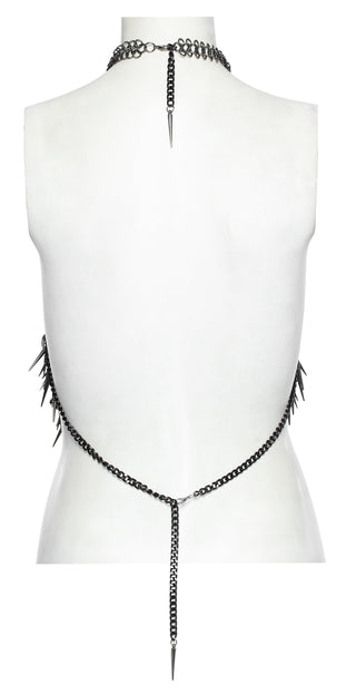 back view of mannequin wearing a chain harness on a white background 