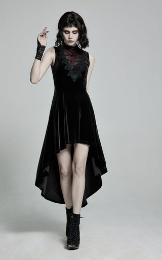 Woman wearing punk rave wq-523 a black dress with floral details on a gray background